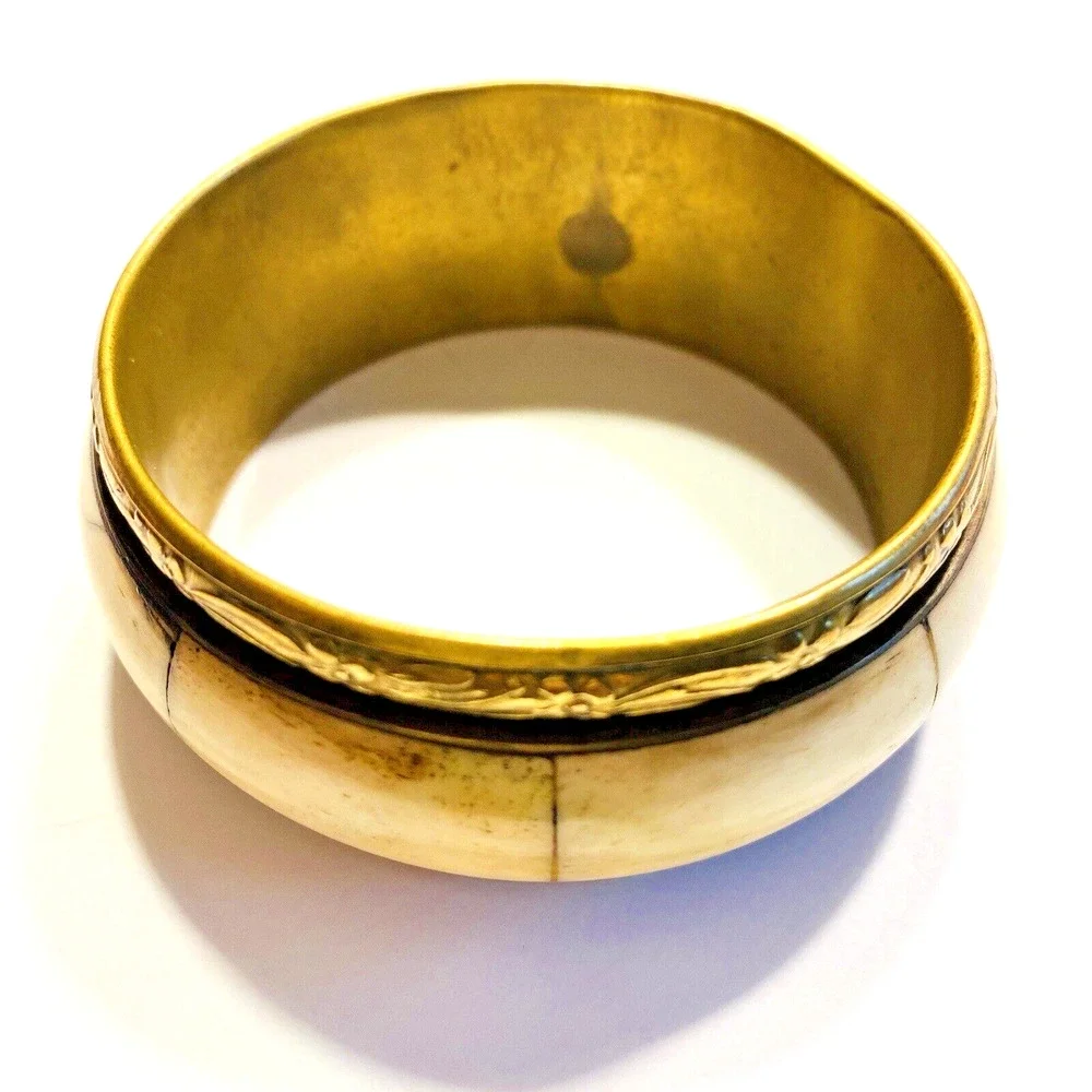 Vintage Bangle Bracelet Embossed Brass & Faux Bone Panel Inlay Tribal Boho Chic